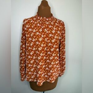 J Crew Burnt Orange Floral Long Sleeve High Ruffle Neck Blouse Size Small